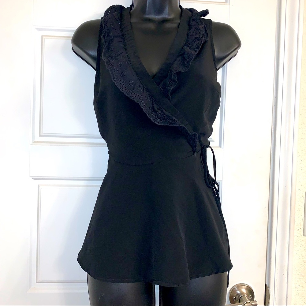 Black wrap blouse with lace trim!